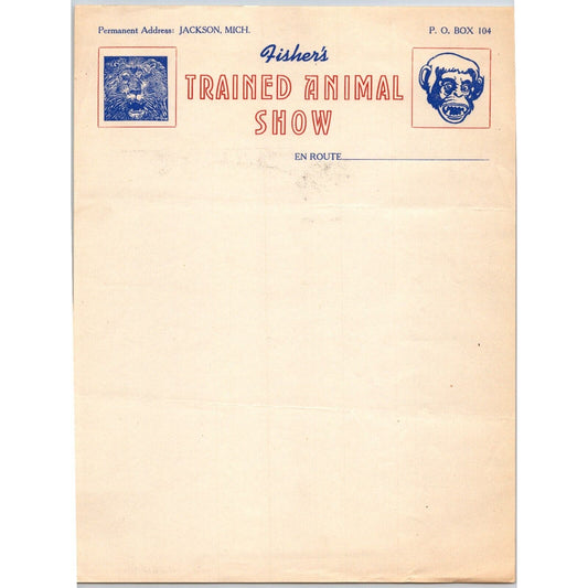 Fisher's Trained Animal Show Circus Letterhead c1944 Jackson, MI Scarce