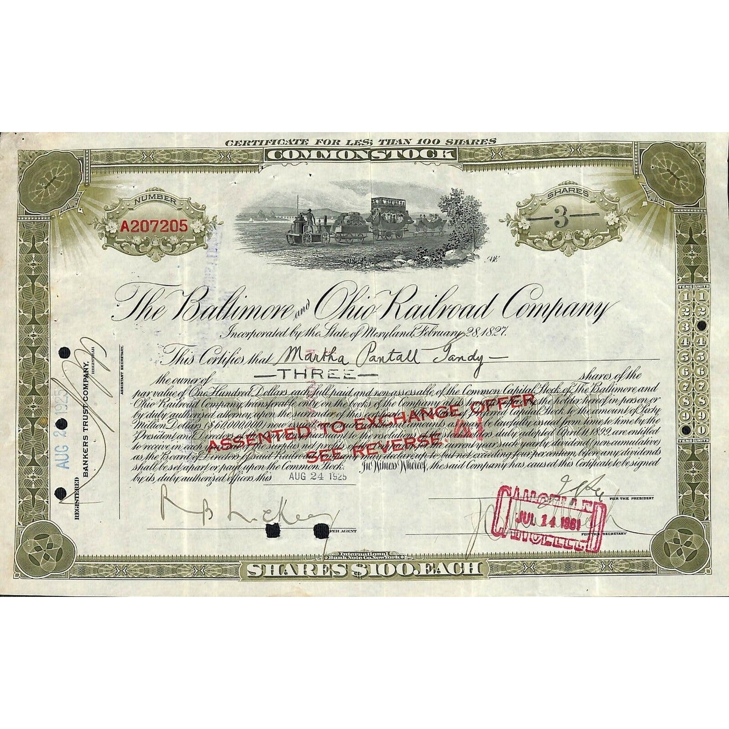 Stock Certificate - 1925 Baltimore & Ohio Railroad to: Martha Pantall Gandy