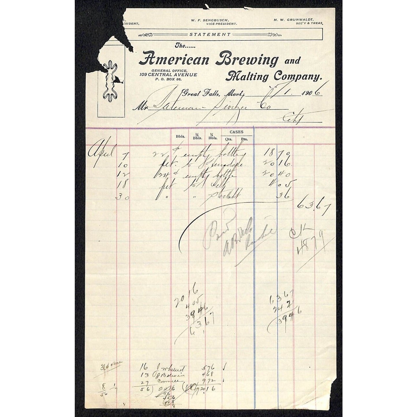 Great Falls, MT American Brewing and Malting Co. 1906 Billhead - Bateman Switzer
