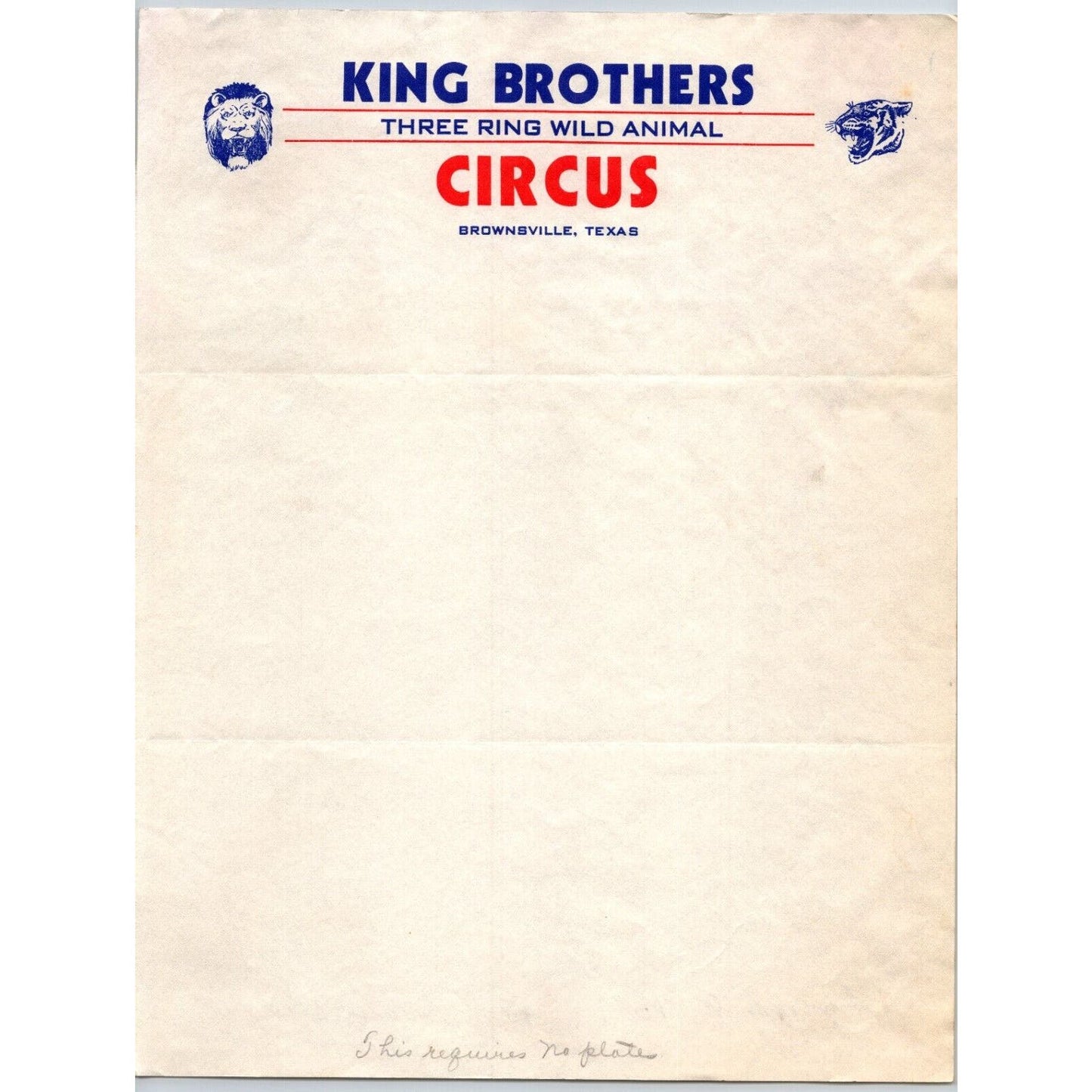 King Brothers Three Ring Wild Animal Circus Letterhead c1937 Scarce