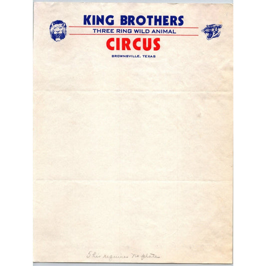 King Brothers Three Ring Wild Animal Circus Letterhead c1937 Scarce