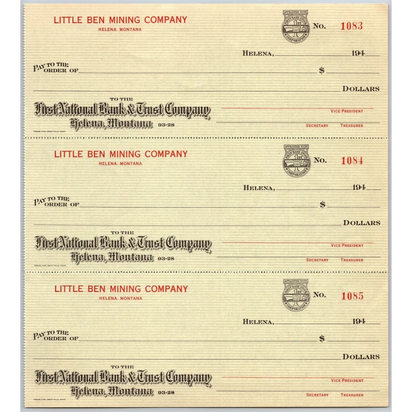 Helena, MT Little Ben Mining Co. First National Bank Check Sheet 1940