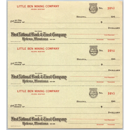 Helena, MT Little Ben Mining Co. First National Bank Check Sheet 1940