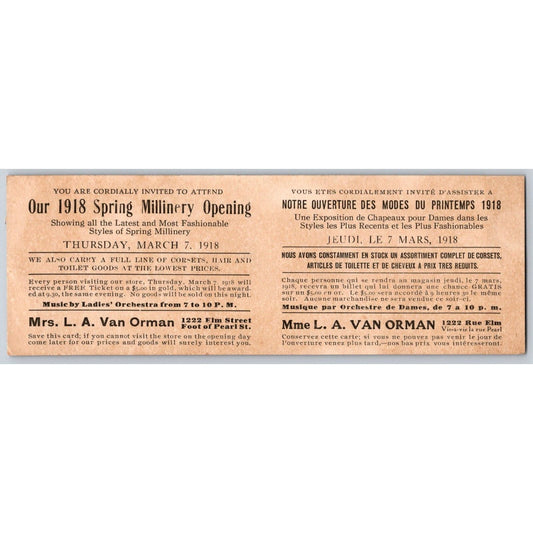Mrs. L.A. Van Orman 1918 Spring Millinery Opening French English Trade Card VGC
