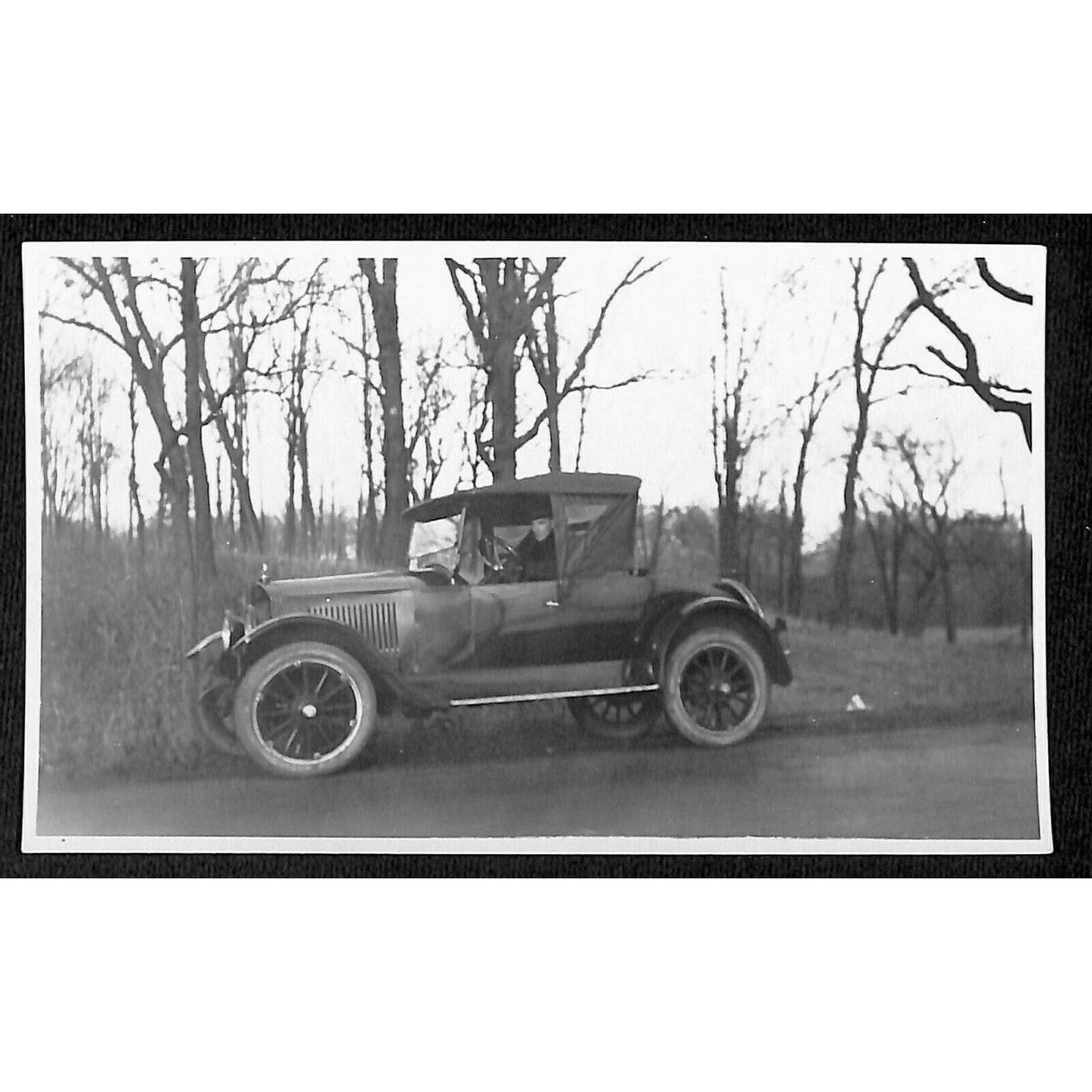 Original B&W Photo c1920's Man Poses Inside Automobile Roadside Near Trees