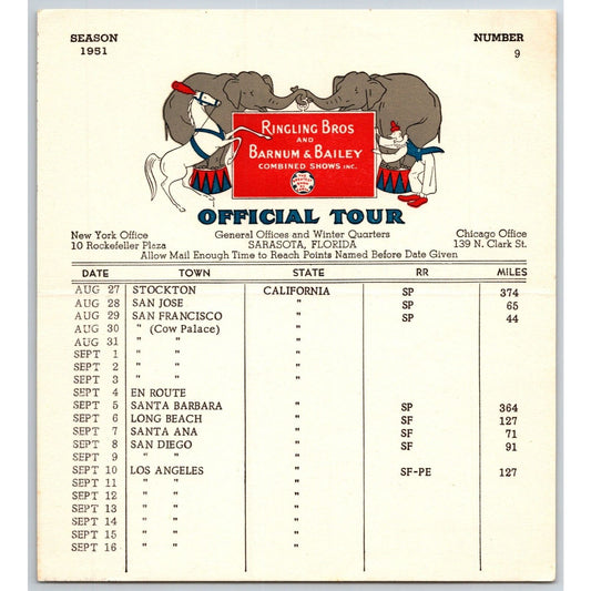 1951 Ringling Bros Barnum Bailey Circus Route Card San Francisco Los Angeles