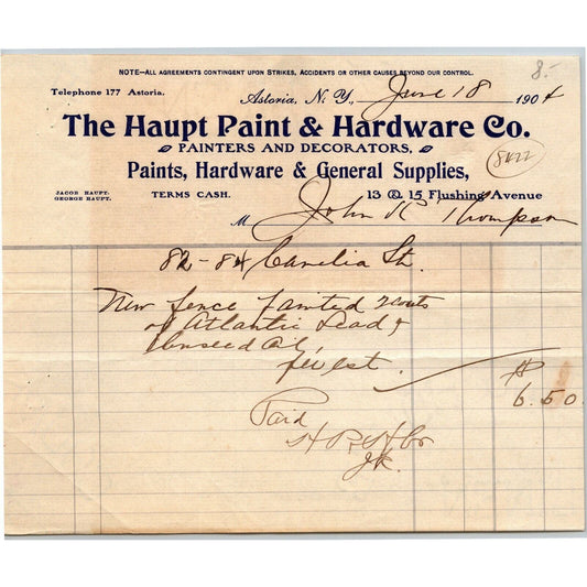 Haupt Paint & Hardware Co. 1904 Letterhead Astoria NY Painters and Decorations