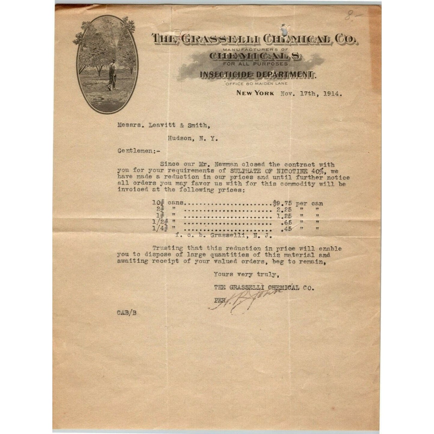 Grasselli Chemical Co Maiden Lane NY, NY Insecticide Department Letterhead 1914