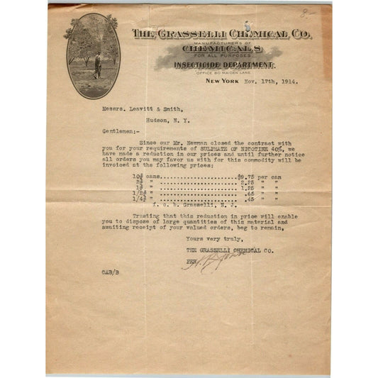 Grasselli Chemical Co Maiden Lane NY, NY Insecticide Department Letterhead 1914