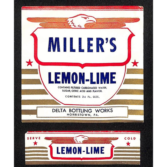 Miller's Lemon Lime Paper Soda Label Set Delta Bottling Norristown c1930's-40's