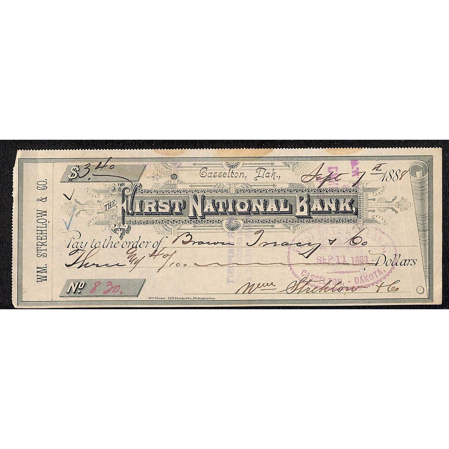 Gasselton, Dakota (Territory) First National $3.40 Bank Check Strehlow & Co 1888