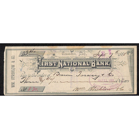 Gasselton, Dakota (Territory) First National $3.40 Bank Check Strehlow & Co 1888