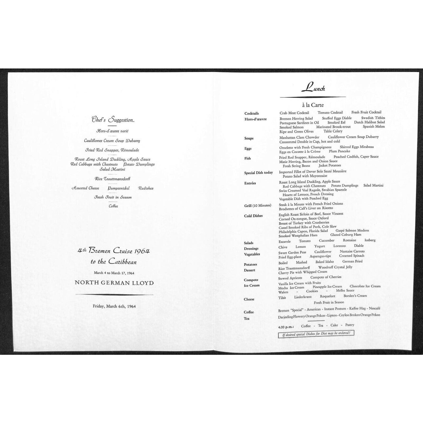 1964 North German Lloyd Bremen Cruise Line Lunch Menu Mar 6