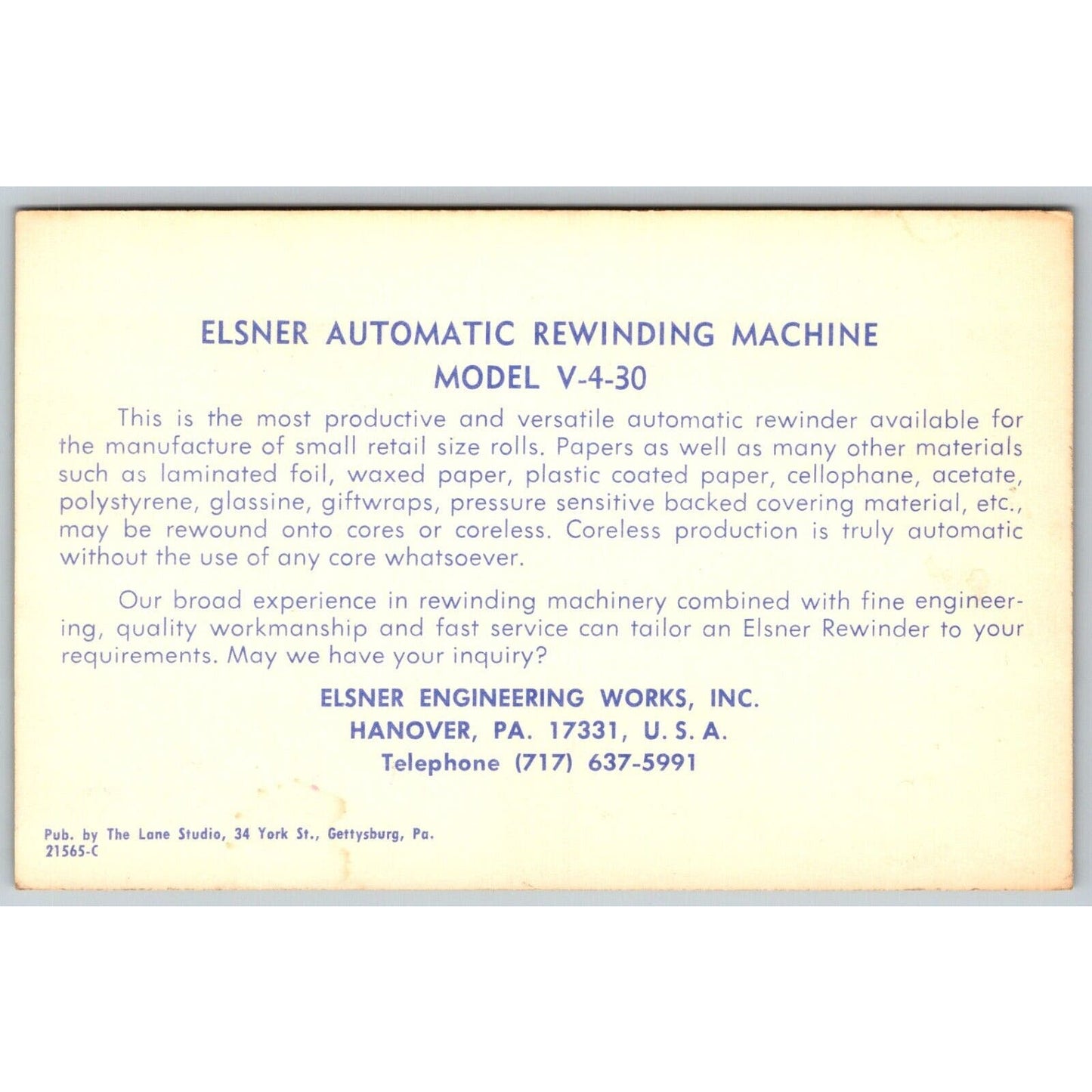 Elsner Automatic Rewinding Machine V 4-30 c1970's Advertising Postcard Scarce