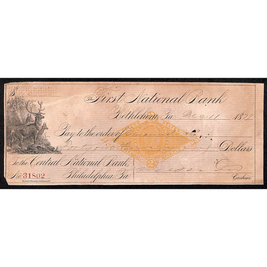 Bethlehem, PA 1879 First National Bank Check #31802 Deer Vignette & Tax Stamp