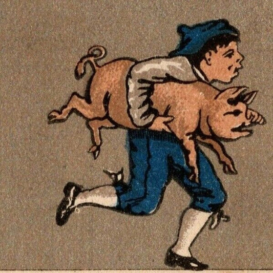 Blank Gilt Victorian Trade Card - Farm Boy Running Away With Pig / Hog