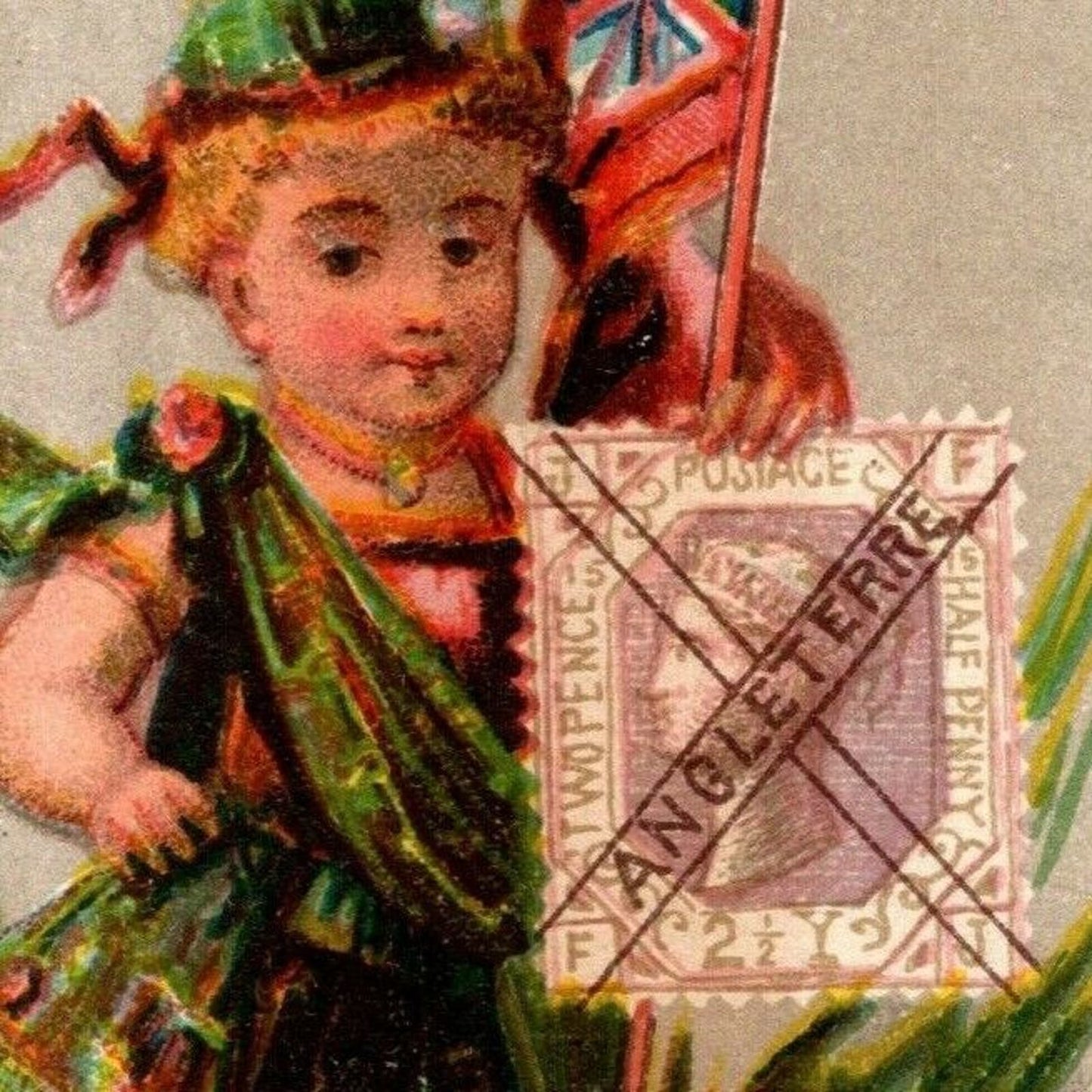 Victorian Trade Card "Atlantic & Pacific Tea" Boy w/ Angleterre England Stamp