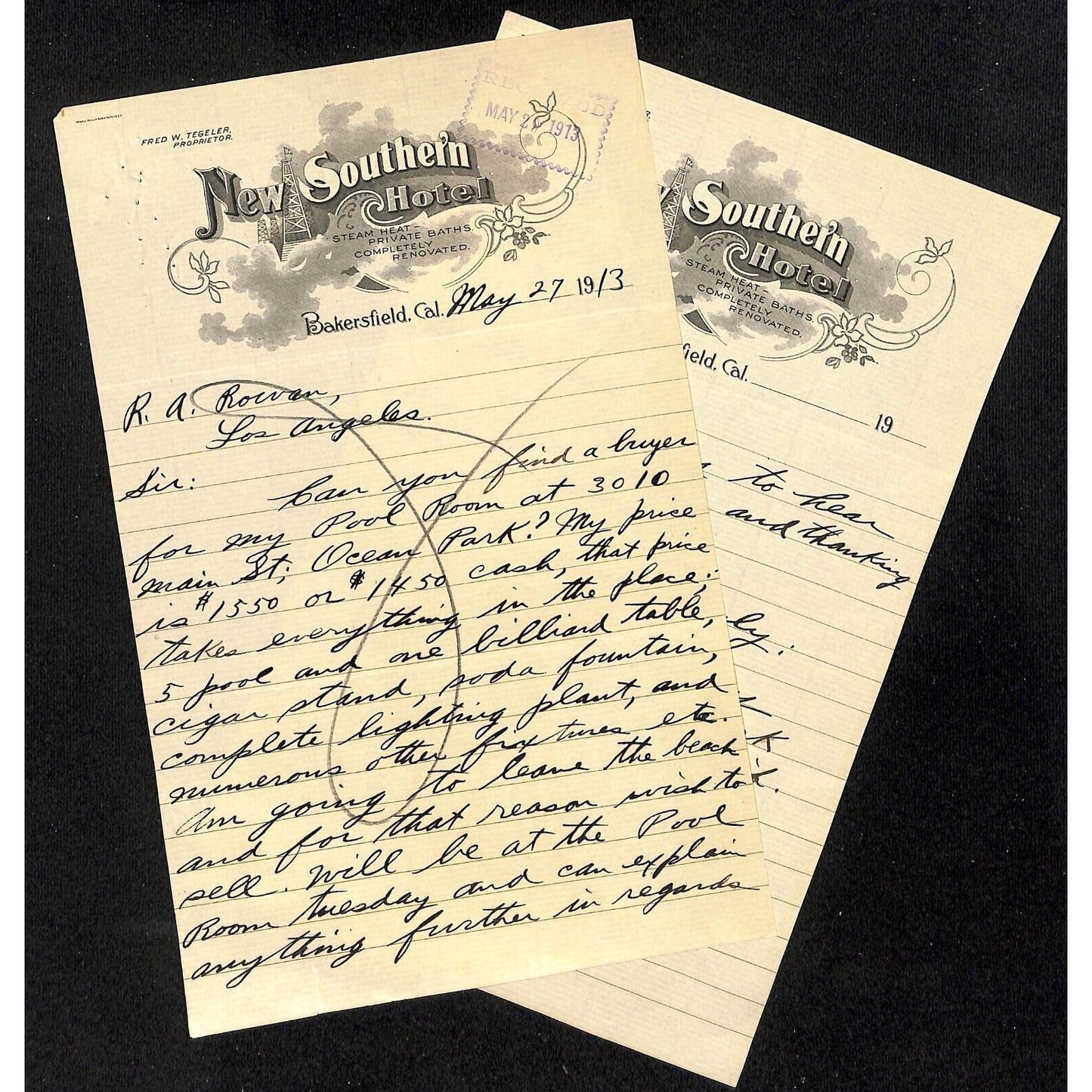 New Southern Hotel Bakersfield, CA 1913 Letterhead R.A. Rowan ALS Pool Room 2pp