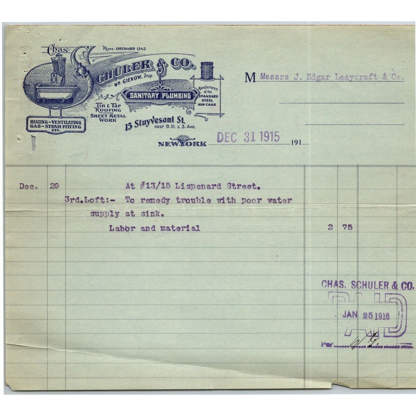 1915 "Schuler & Co." Sanitary Plumbing Billhead Letterhead Stuyvesant St NYC