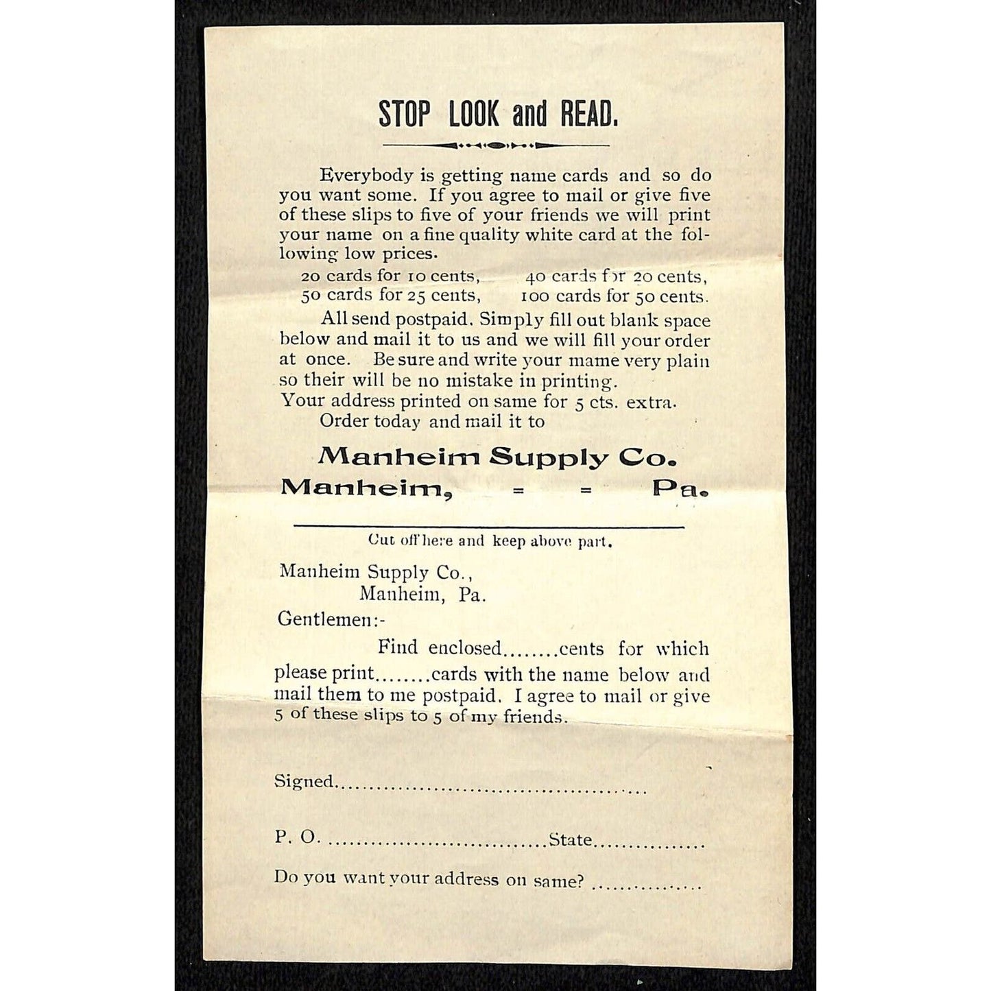 Manheim Supply Co PA "Stop Look and Read" c1929 Chain Mail Name Card Offer Form