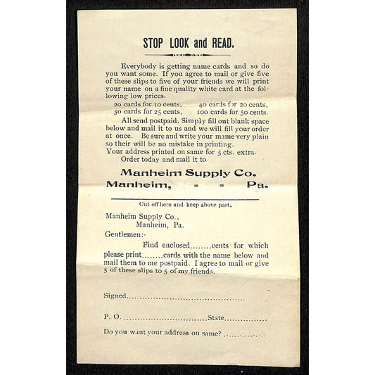 Manheim Supply Co PA "Stop Look and Read" c1929 Chain Mail Name Card Offer Form