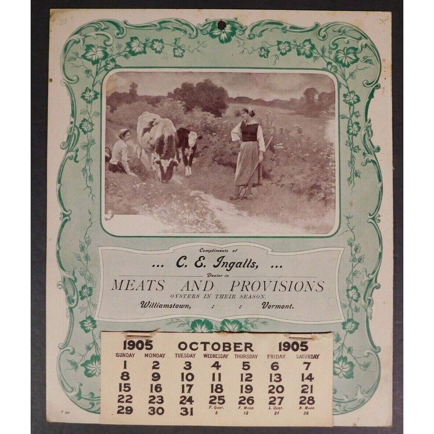 C. E. Ingalls "Meats And Provisions" 1905 Calendar Williamstown Vermont