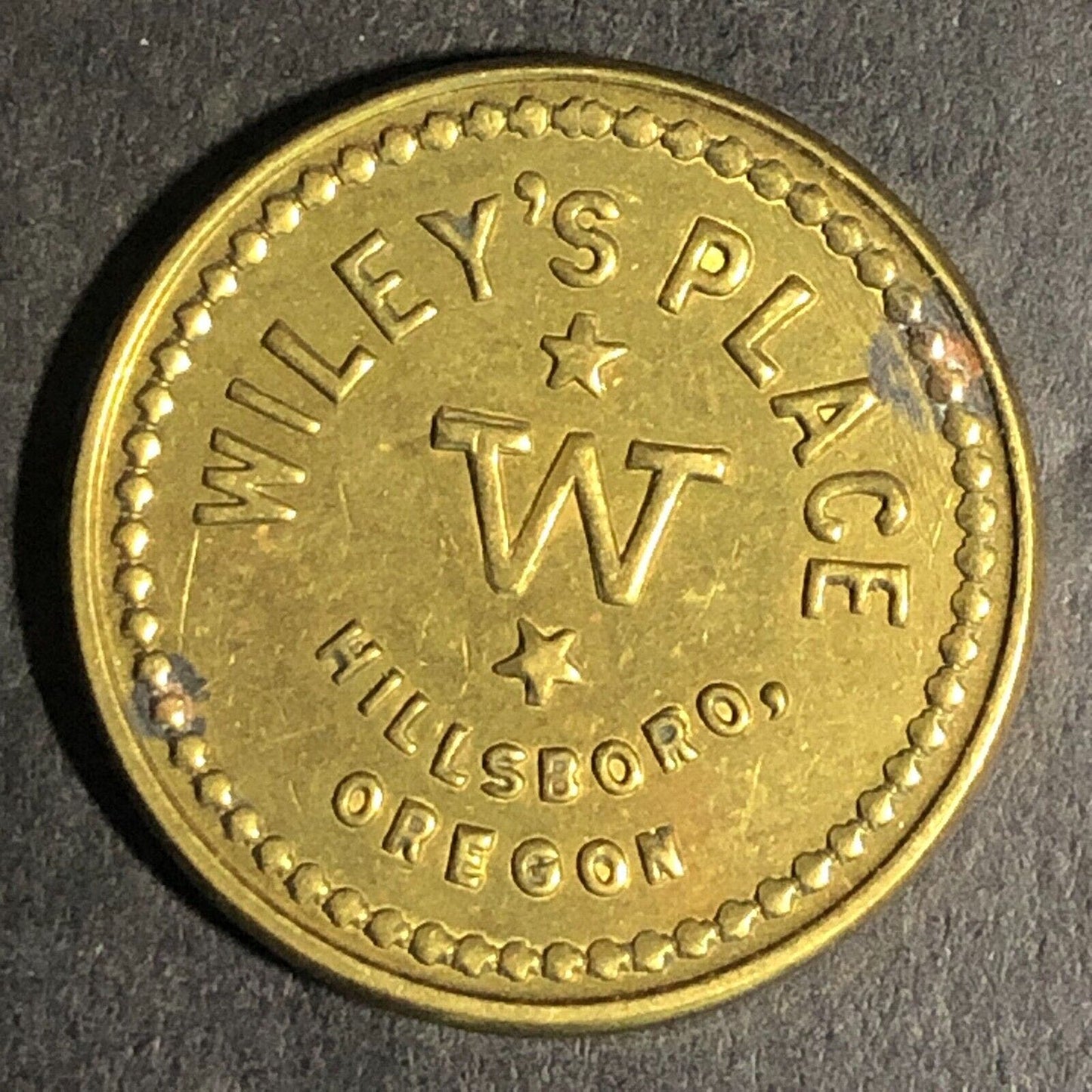 Wiley's Place -- Hillsboro Oregon G/F 5c Brass Trade Token "W" 22mm