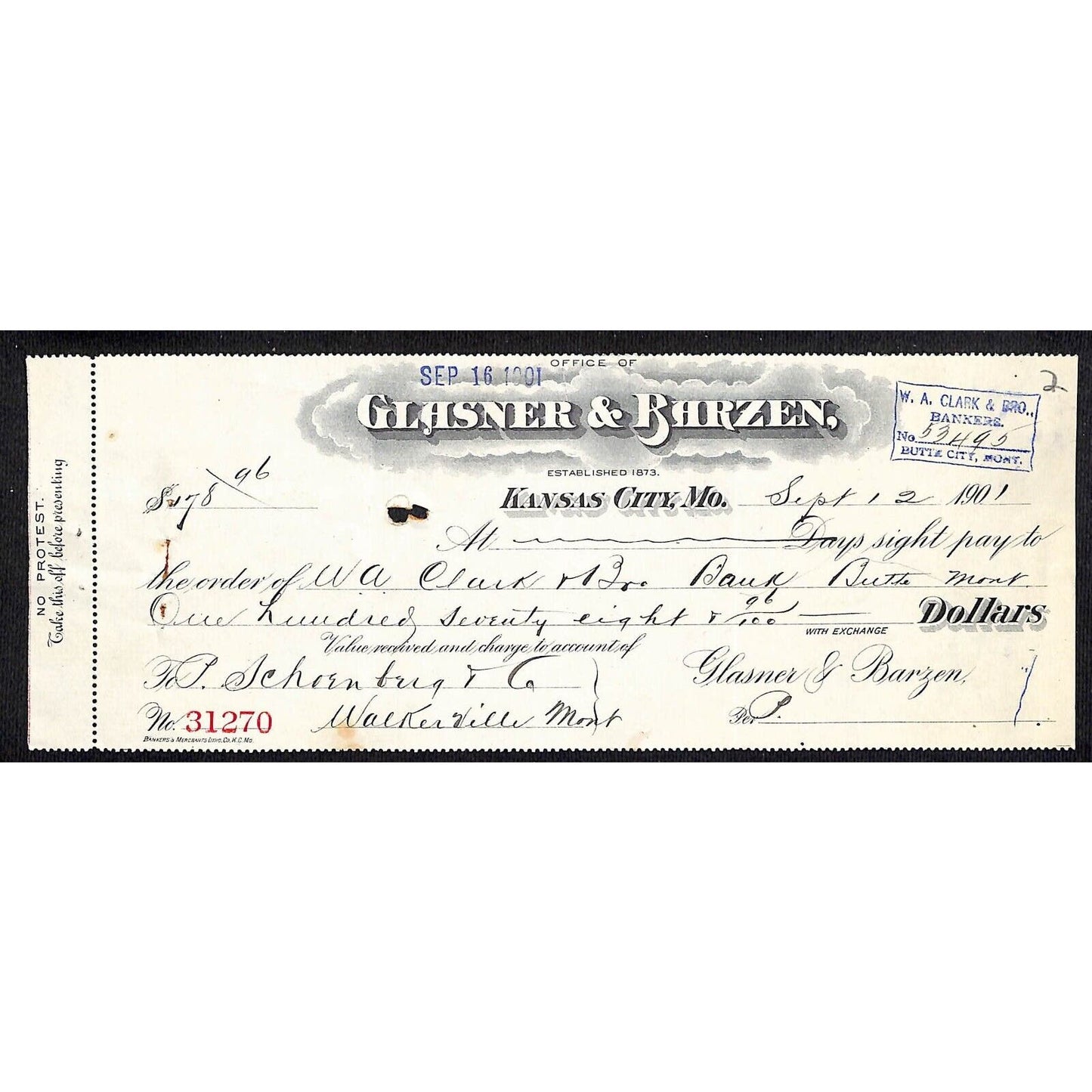 Glasner & Barzen (Liquor) Kansas City, MO Bank Check 1901 Scarce
