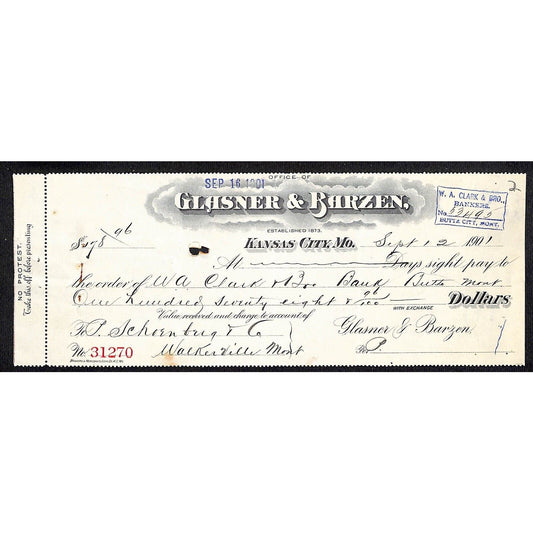 Glasner & Barzen (Liquor) Kansas City, MO Bank Check 1901 Scarce