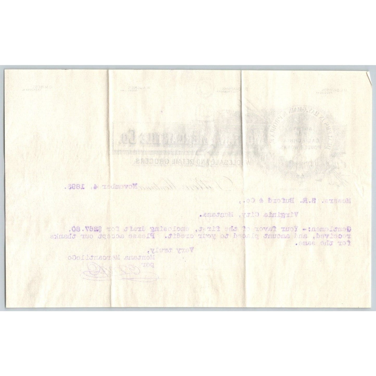 Dillon, MT Montana Mercantile Co. Agents California Powder Works 1895 Billhead