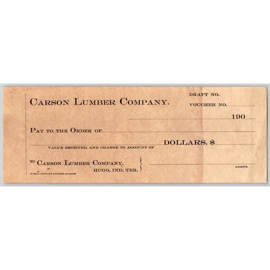 Hugo, OK Indian Territory c1900-1907 Carson City Lumber Bank Check - Toning