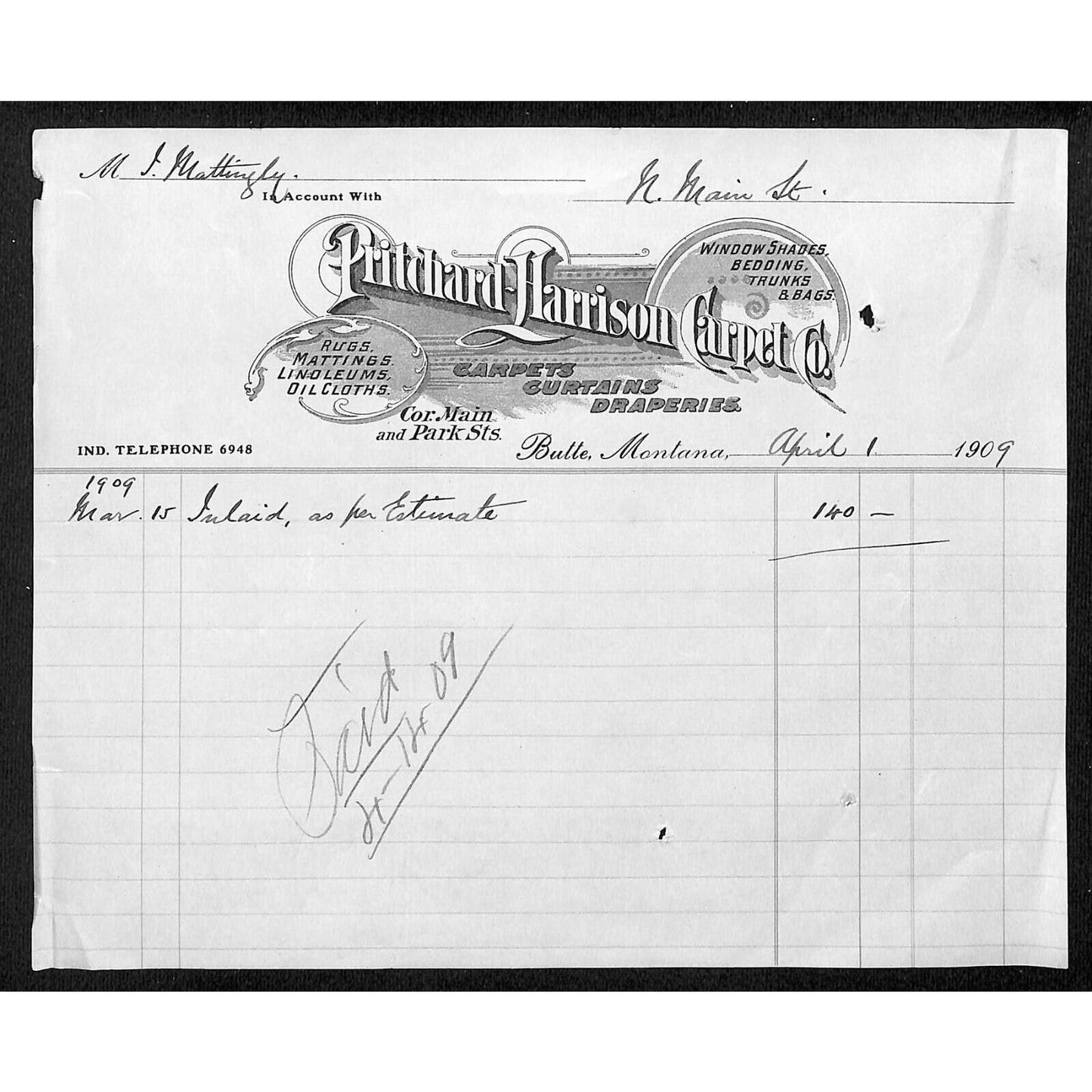 Butte, MT Pritchard-Harrison Carpet Co. 1909 Billhead Curtains Draperies