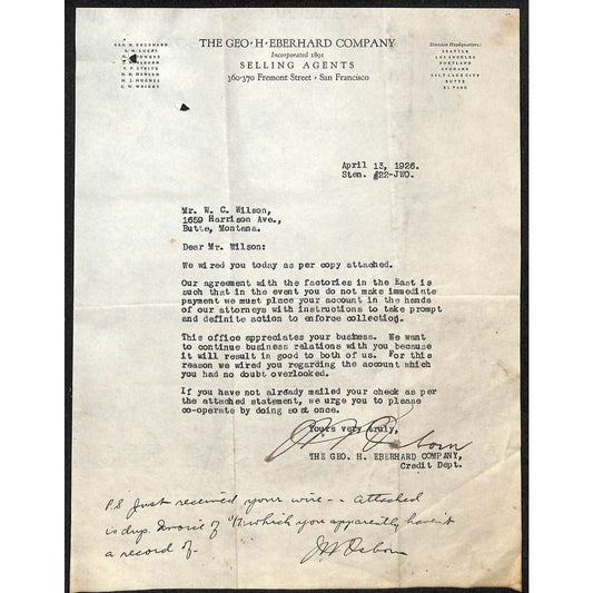 Geo H. Eberhard Butte Montana 1926 Billhead Letterhead - Wilson Drug