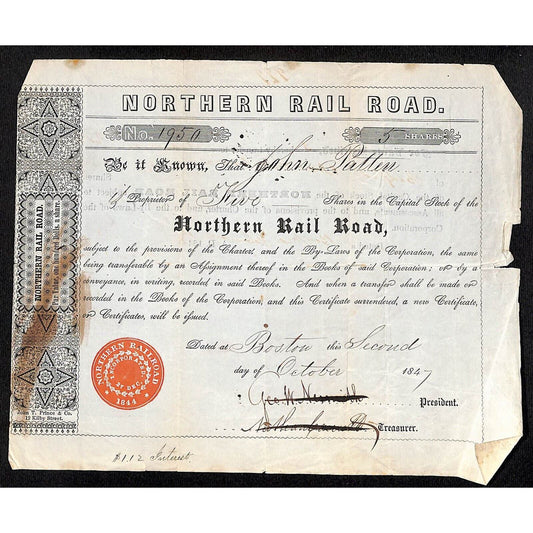 1847 Boston, MA Northern Railroad Stock Certificate No. 1950 for 5 Shares