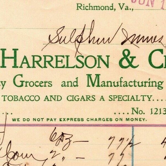 Harrelson & Crump Fancy Grocers Richmond, VA Letterhead o Geo. E. Wear 1899