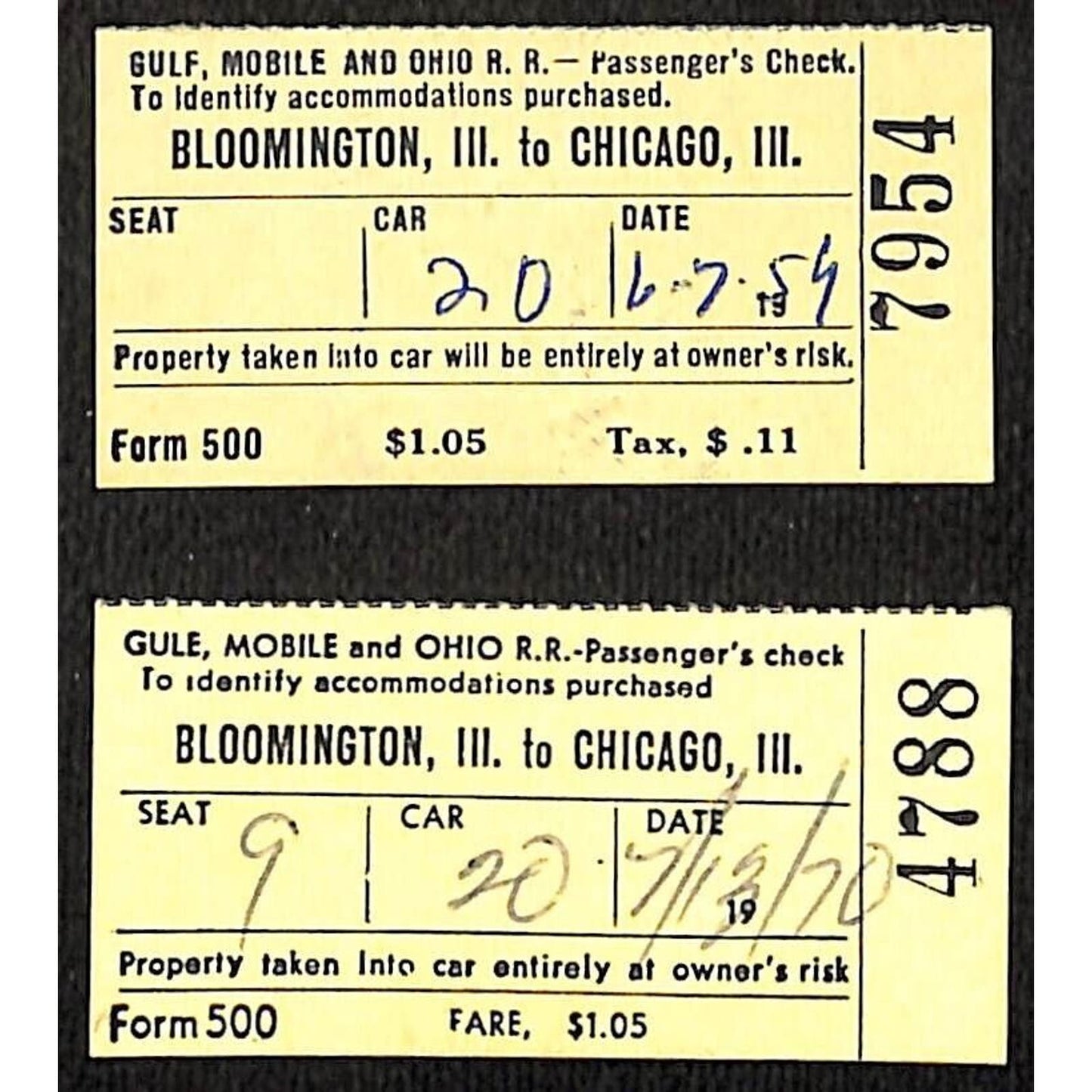 Gulf, Mobile and Ohio Railroad 1959 & 1970 2 Passenger Checks