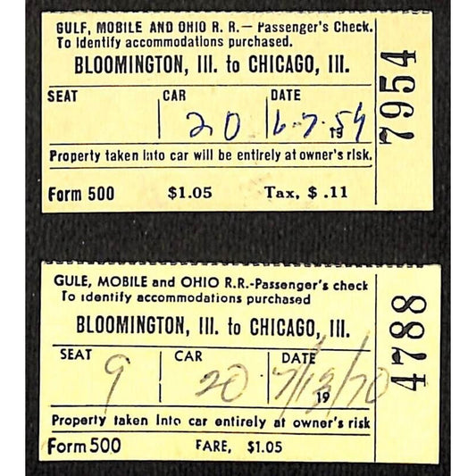 Gulf, Mobile and Ohio Railroad 1959 & 1970 2 Passenger Checks