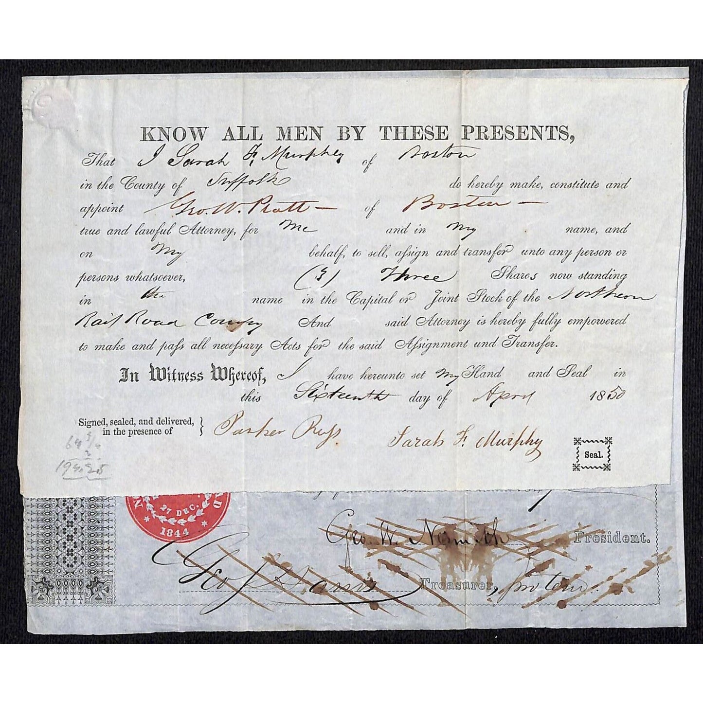 1849 Northern Railroad Stock Certificate & Affixed 1850 Power of Attorney Letter