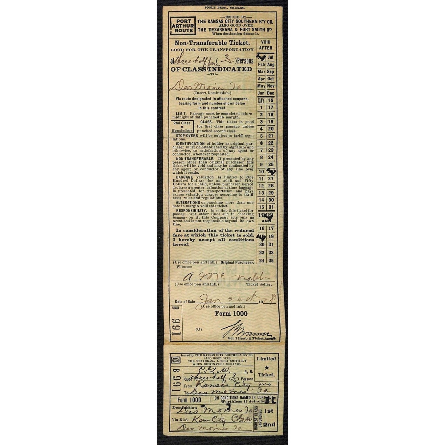 1918 Kansas City Southern Railway Port Arthur Route Ticket #991 - 10 1/4"L