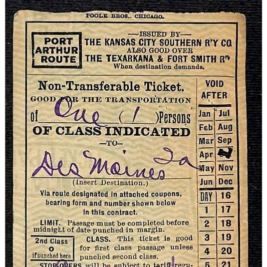 1918 Kansas City Southern Railway Port Arthur Route Ticket #3470 - 10"L