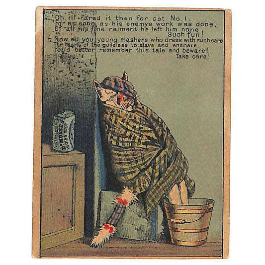 Morse's Pills Victorian Trade Card - Dressed Cat Sick w/ Feet in Bucket of Water