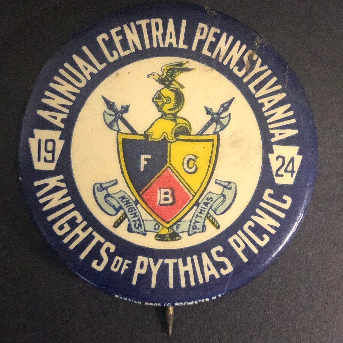 Knights of Pythias Picnic 1924 Central Penn. Celluloid Pinback 44mm Scarce