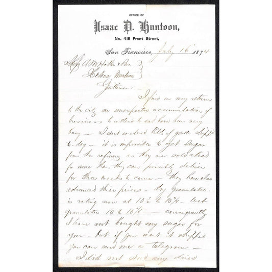1874 Isaac D. Huntoon San Francisco to A.M Holter & Bros. Helena, MT Letterhead