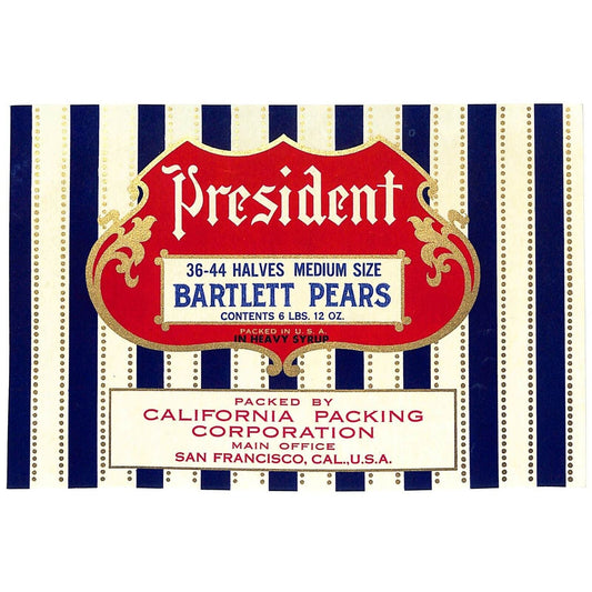 1940 Paper Can Label President Brand Medium Bartlett Pear Halves VGC - Scarce