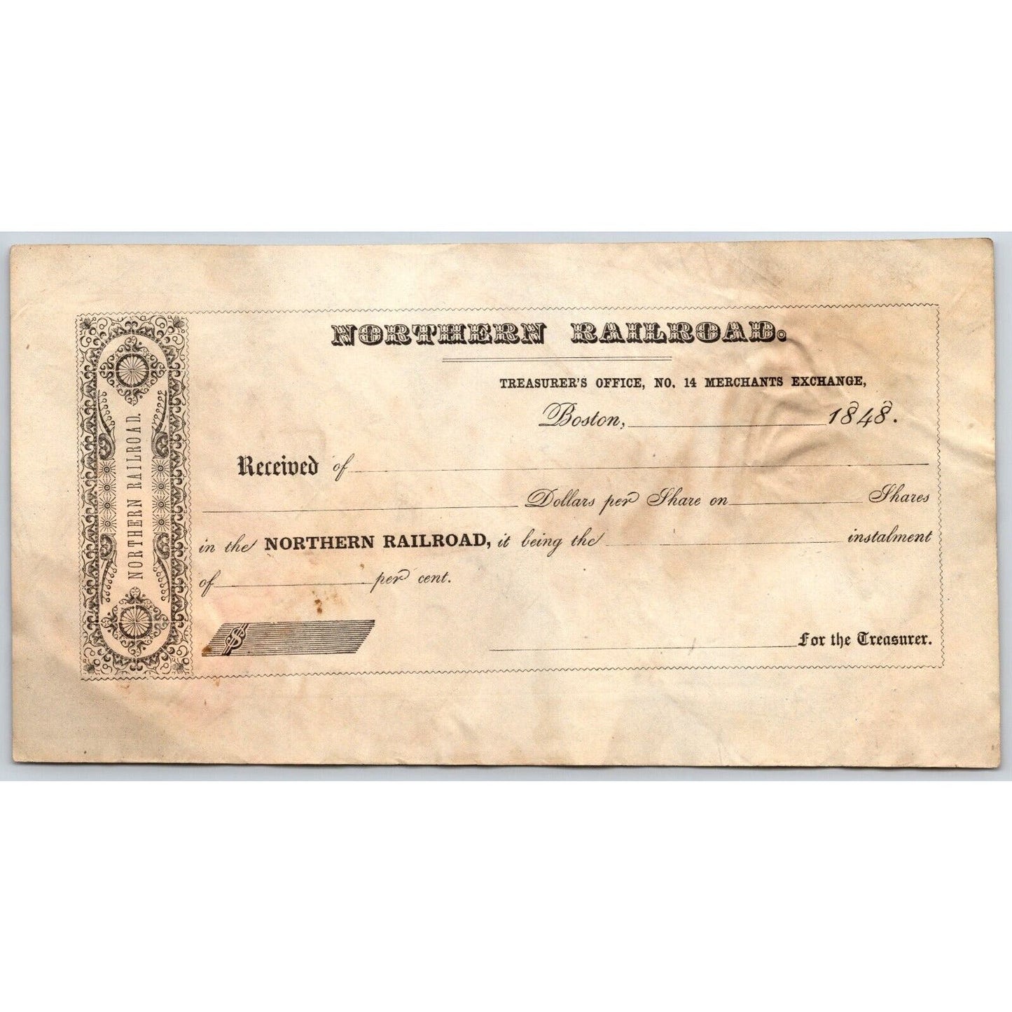 1848 Northern Railroad Boston Unused Treasurer's Stock Purchase Receipt