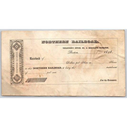 1848 Northern Railroad Boston Unused Treasurer's Stock Purchase Receipt
