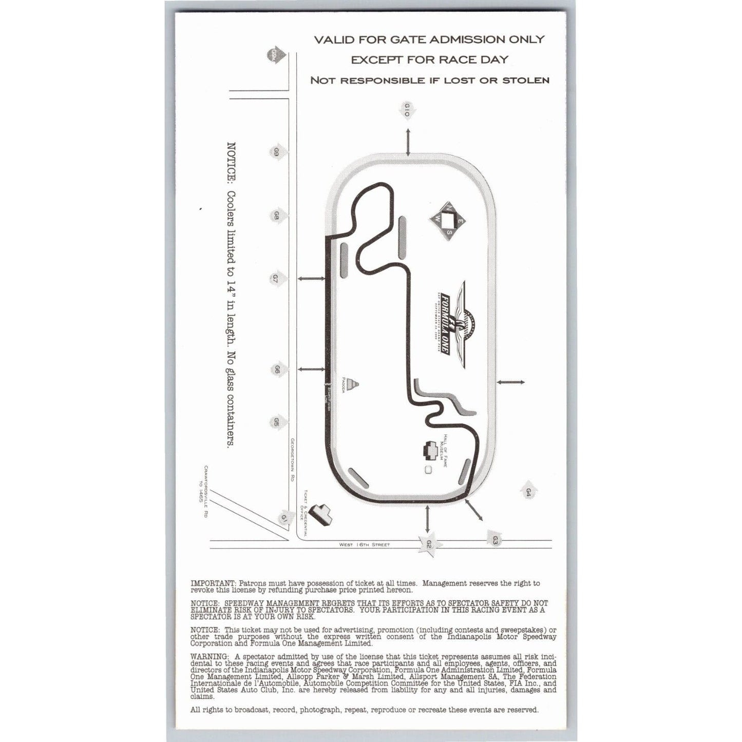 2000 Indianapolis Formula One Grand Prix Racing Fri & Sat Gate Ticket #39985