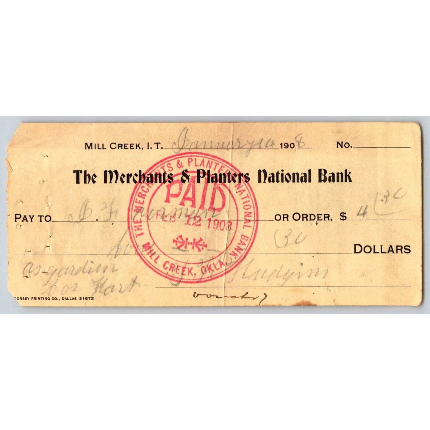 Mill Creek, OK 1908 Indian Territory* "Mechanics and Farmers" Bank Check