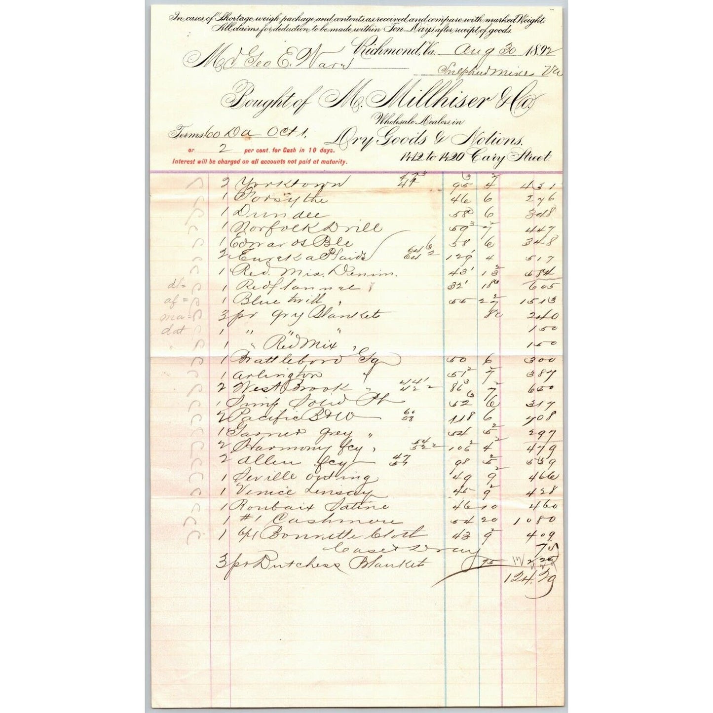 M. Millhiser Dry Goods Notions Richmond, VA Letterhead to: Geo. E. Wear 1892