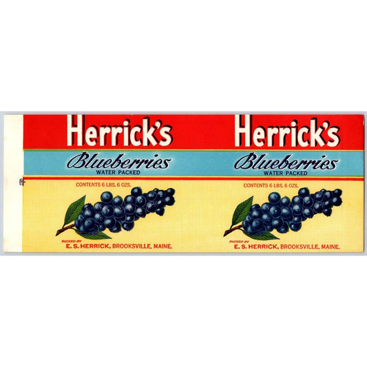 Herrick's Blueberries Paper Can Label Brooksville, Maine NOS VGC c1940's